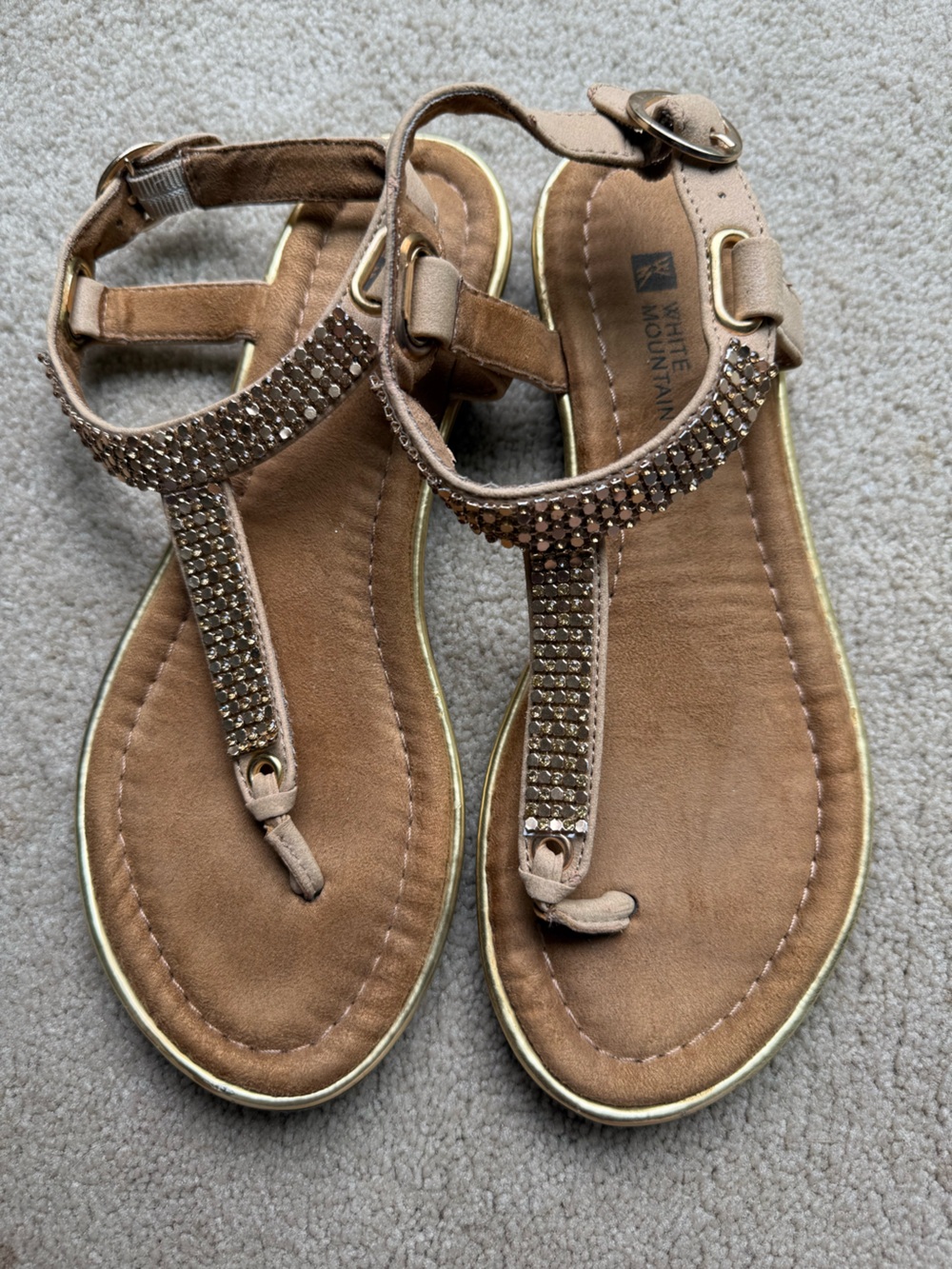 White Mountain Taupe T-Strap Crystal Embellished Sandals